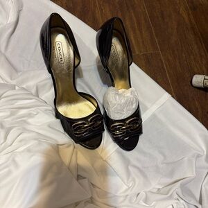 Coach espresso, Brown Patent Leather Heels with Gold Accents vintage brand new
